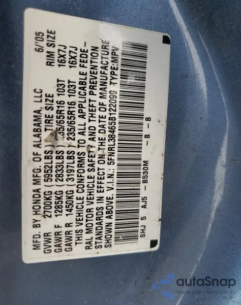 2005 Honda Odyssey Ex из США, поврежденный, VIN 5FNRL38465B122099